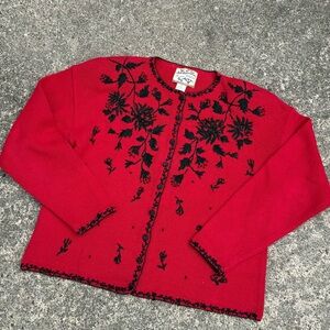 Heirloom Collectibles Red Embroidered Beaded Cardigan Sweater XL Vintage Style